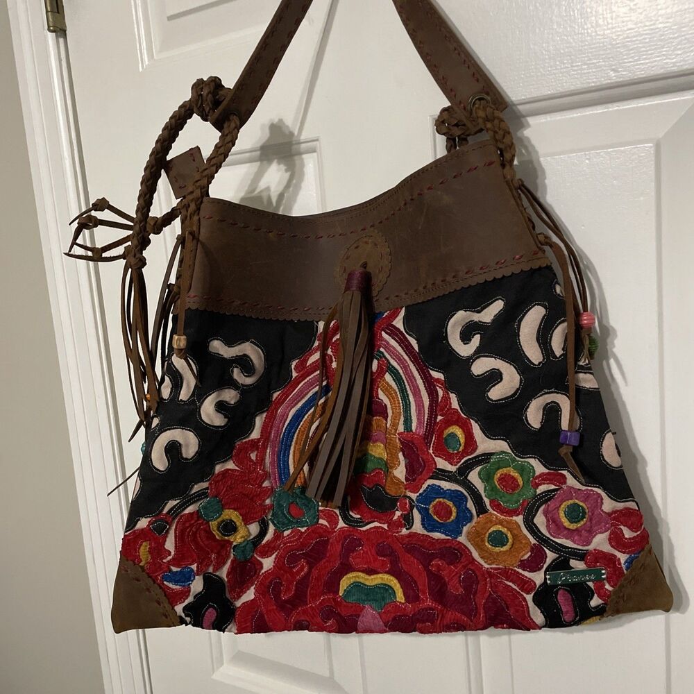 Pranee Brooklyn Collection Leather Tote Shoulder Bag Embroidered Artisan Made